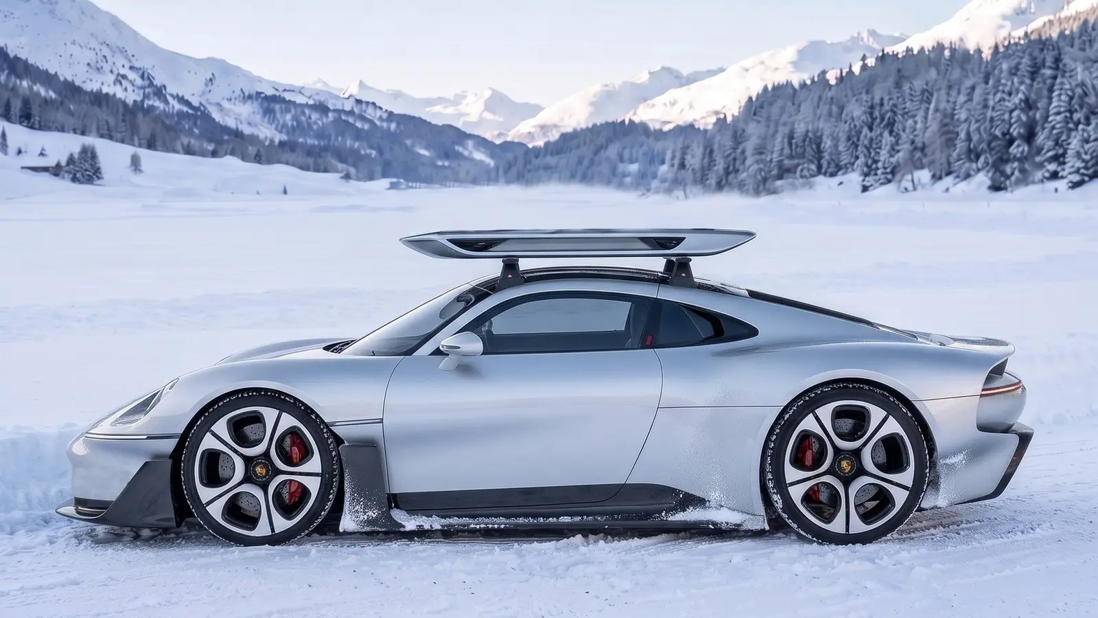 Porsche Mission S rendered with roof rack and skis