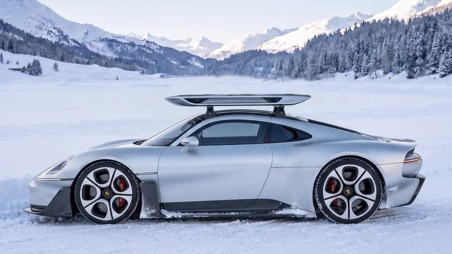 Porsche Mission S rendered with roof rack and skis